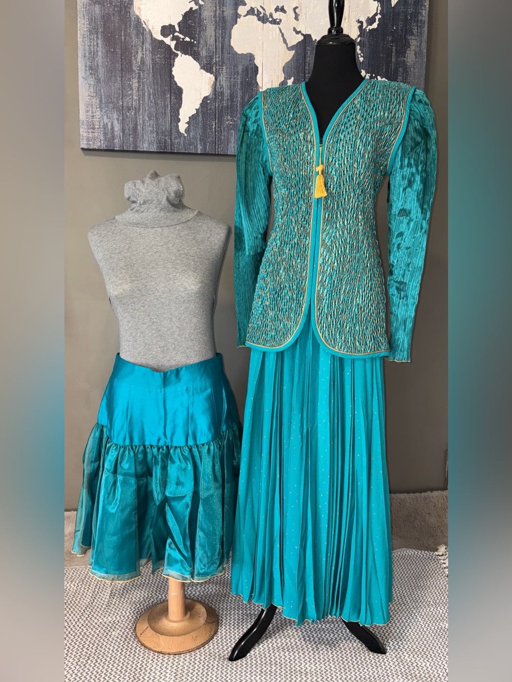 Vintage Jeanne Marc Saks 3 Piece Jacket Skirt Set Turquoise Gold M/L
